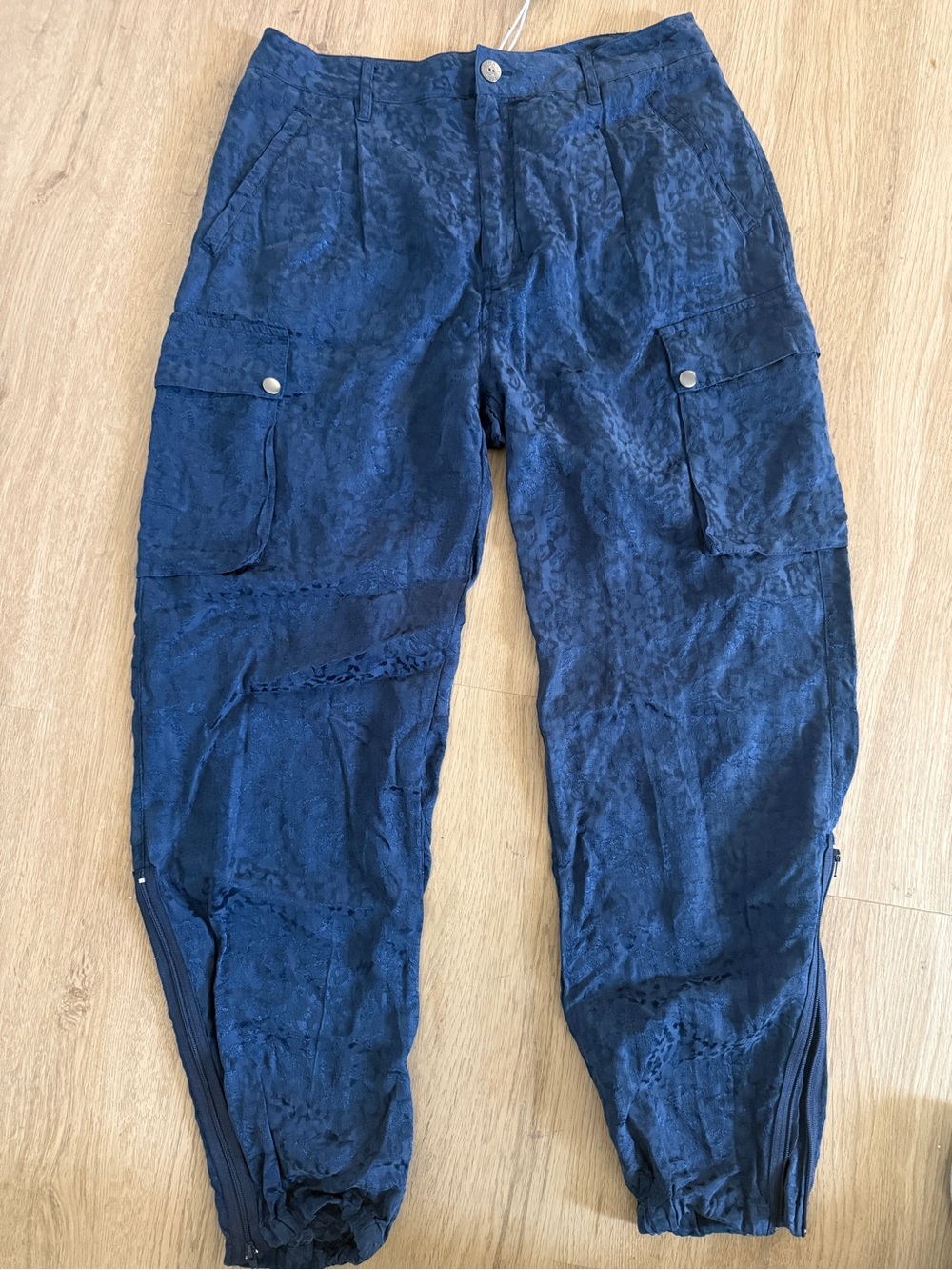 JOHNNY WAS Navy Blue Cargo Pants - Leopard Textured Design